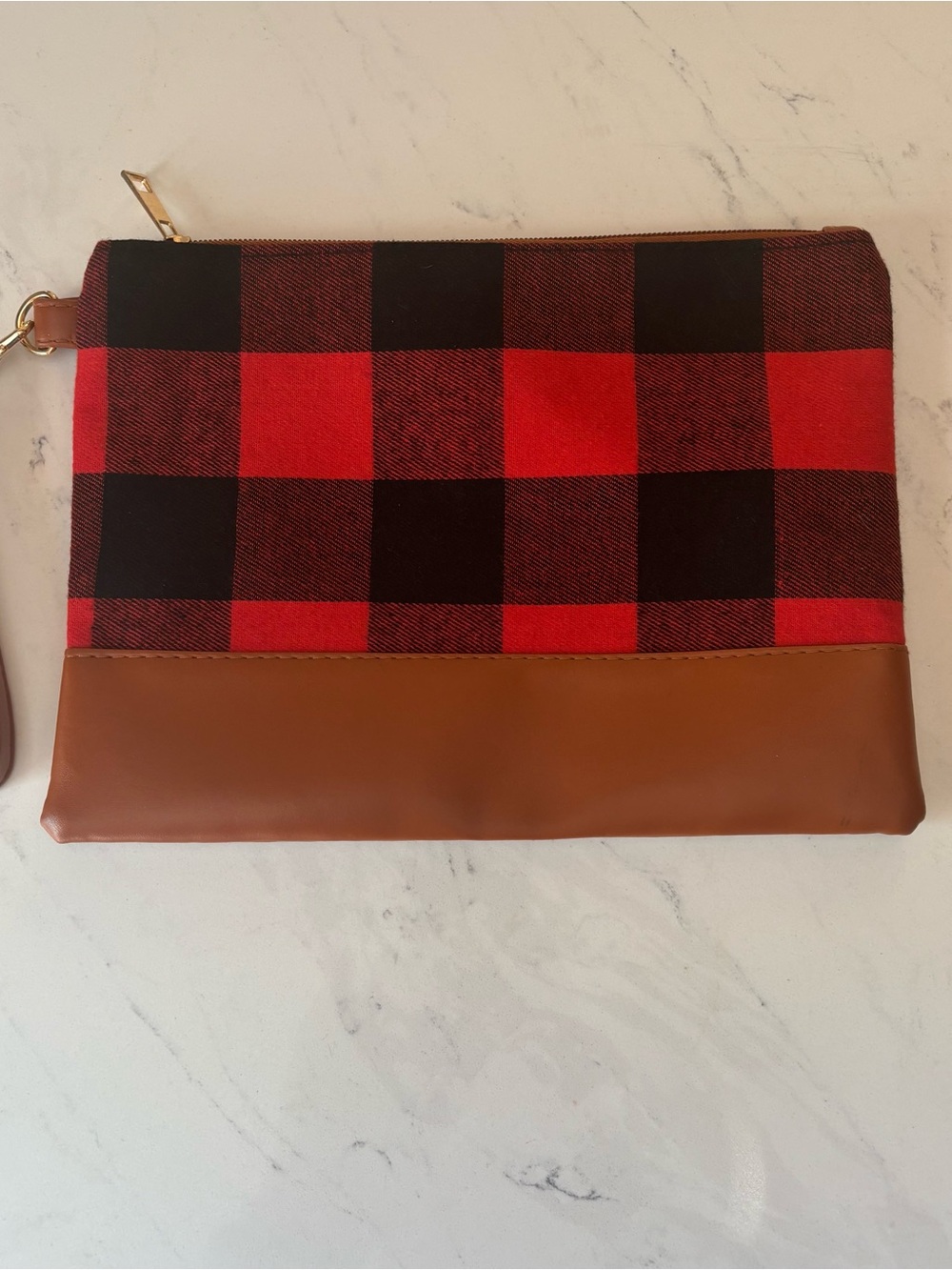 Plaid Red & Black Clutch with Brown Trim